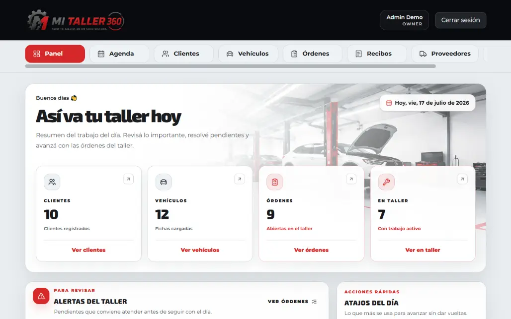 MiTaller360 workshop management dashboard