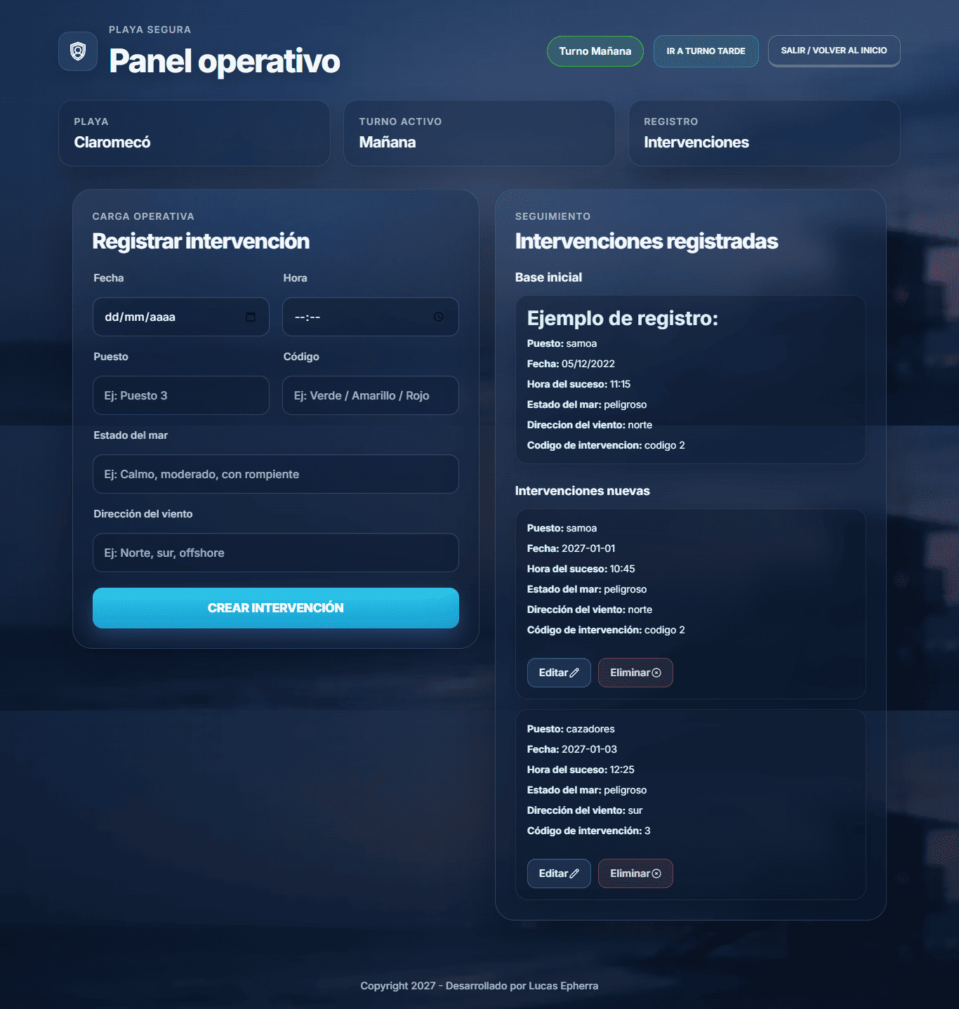 Captura del proyecto Registro de Intervenciones